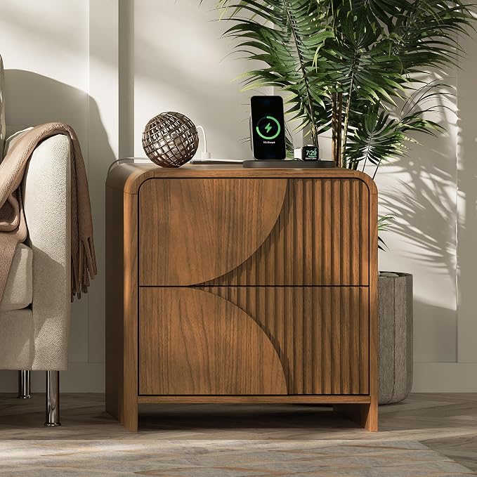 Nightstand Set of 2,Fluted Nightstand with Charging Station, 20" Side Table with 2 Drawers Modern Night Stand Wooden End Table Bedside Table with Curved Design for Bedroom,Walnut - Image 7