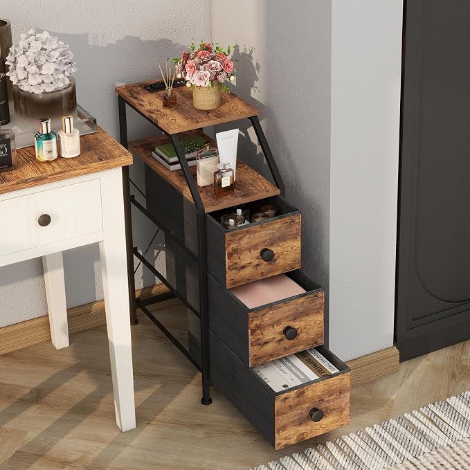 Tohomeor Narrow Dresser Tall Skinny Storage Tower Vertical Slim Chest of Drawers with Charging Station Small Nightstand Side Table for Bedroom, Bathroom, Small Spaces (Rustic Brown, 3 Drawers) - Image 7