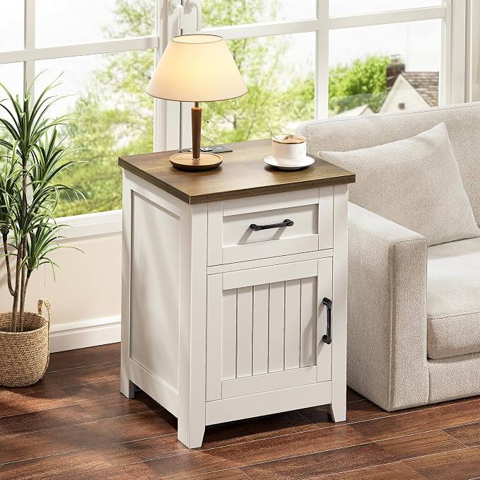 Decofy Farmhouse Nightstand with Charging Station, Set of 2 Modern End Tables with Large Storage & One Drawers, Outlets, USB Ports & Type-C Ports, Wood Rustic Nightstands for Bedroom (White + Walnut) - Image 6