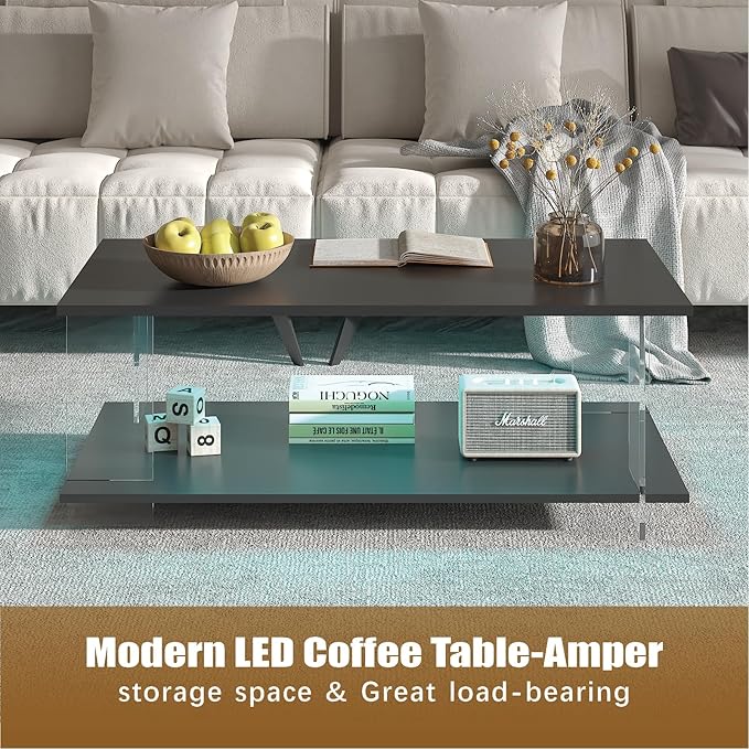 43" Acrylic Coffee Table with Black Wood Top, Minimalist Stylish Modern Rectangular Center Tables for Living Room, Led Living Room Table with Storage Shelf & Acrylic Frame for Small Space