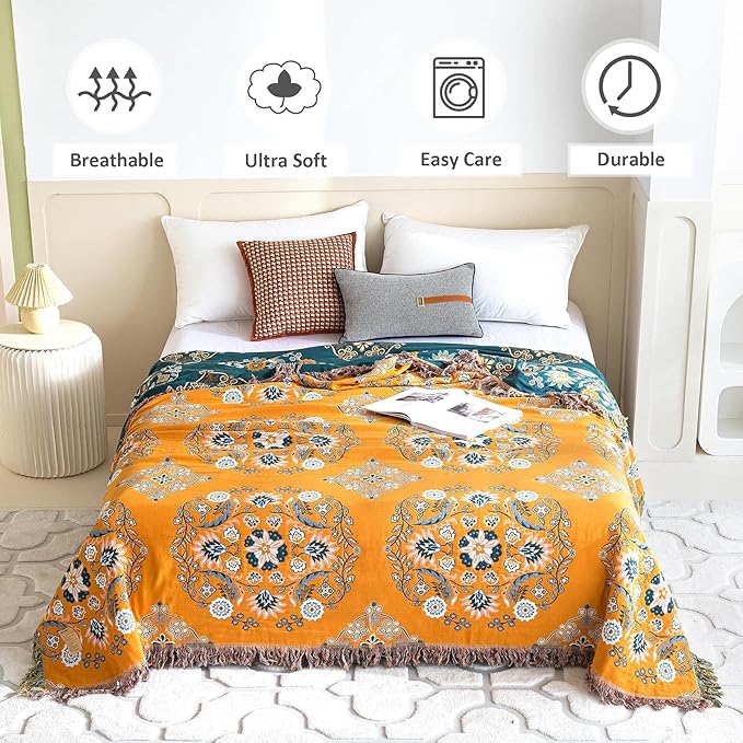Boho Throw Blanket for Bed 100% Cotton Soft Lightweight Quilt Floral Embroidery Home Decor Spring Breathable Bed Blanket,80"x90" All Season Reversible Yellow Blankets for Sofa Couch Chair