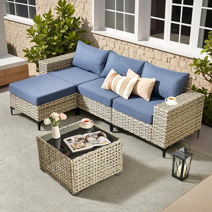 Patio Furniture Set, 5 Pieces Outdoor Wicker Conversation Sets with Coffee Table Outdoor Sectional Sofa for Balcony Backyard Poolside Garden Lawn (Blue)