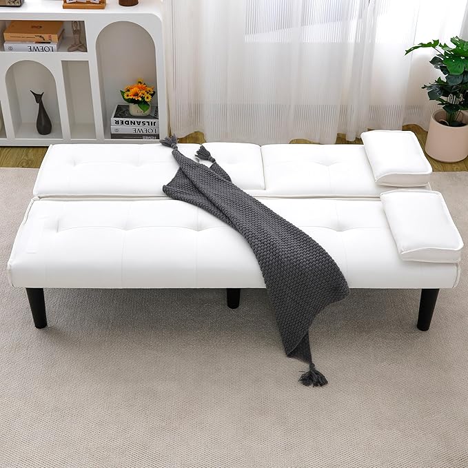 KEIKI 67" Convertible Sofa Bed with Cup Holder, 3 in 1 Futon Sleeper Sofa Chair, PVC Upholstered Sofa for Living Room or Office, White