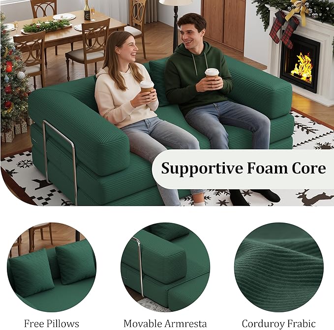 4-in-1 Foldable Sofa Bed Teddy Fabric Foam-Filled Compressed Couch, Convertible Loveseat Sofa, Boneless FoldingSleeper for Living Room, Guest Bed, Playroom (Green, 59” 2 Seat)