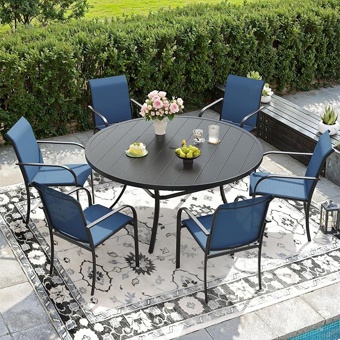 DIFY Patio Dining Set for 6, 7 Piece Outdoor Table and Chairs Set, 50" Black Round Metal Patio Dining Table and 6 Blue Textilene Stackable Patio Chairs, for Backyard Garden Poolside by DIFY