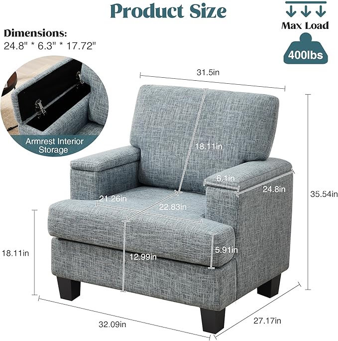 Modern Accent Chairs Set of 2 with Armrest Storage, Oversized Upholstered Reading Chairs, Comfy Large Armchairs, Fabric Single Sofa Chair for Living Room Bedroom (Bluish Grey)