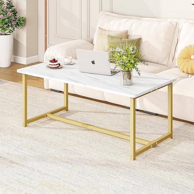 35.4" Rectangular Coffee Table, Modern Industrial Style Coffee Table Center Table with Metal Frame for Small Space Living Room, Apartment, Office, Easy Assembly, White
