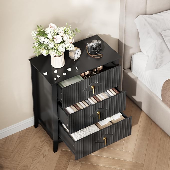 GarveeHome Wood Nightstand Fluted Dresser for Bedroom, 27.5" Wide 3-Drawer Bedside Tables, Modern Chest of Drawers, Storage End Table Living Room, Hallway, Entryway, Black - Image 6