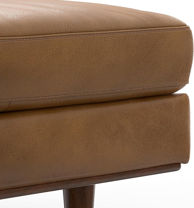 SIMPLIHOME Morrison 49 inch Wide Large Rectangular Ottoman in Caramel Brown Genuine Leather, Multifunctional Footrest, Coffee Table, and Extra Seating for Living Room, Mid-Century Modern Style