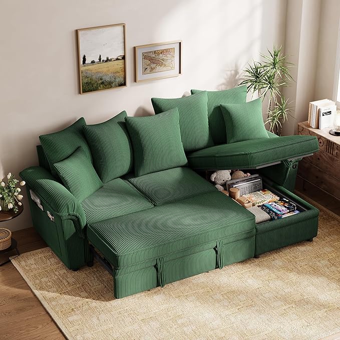 LINSY HOME 90.5'' Sectional Sleeper Sofa with Pull Out Couch Bed Modular (Green, 90.5'') | USB Charging, Pillow-style Armrest, Multiple Cushions, Storage Chaise, Corduroy Fabric