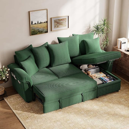 LINSY HOME 90.5'' Sectional Sleeper Sofa with Pull Out Couch Bed Modular (Green, 90.5'') | USB Charging, Pillow-style Armrest, Multiple Cushions, Storage Chaise, Corduroy Fabric