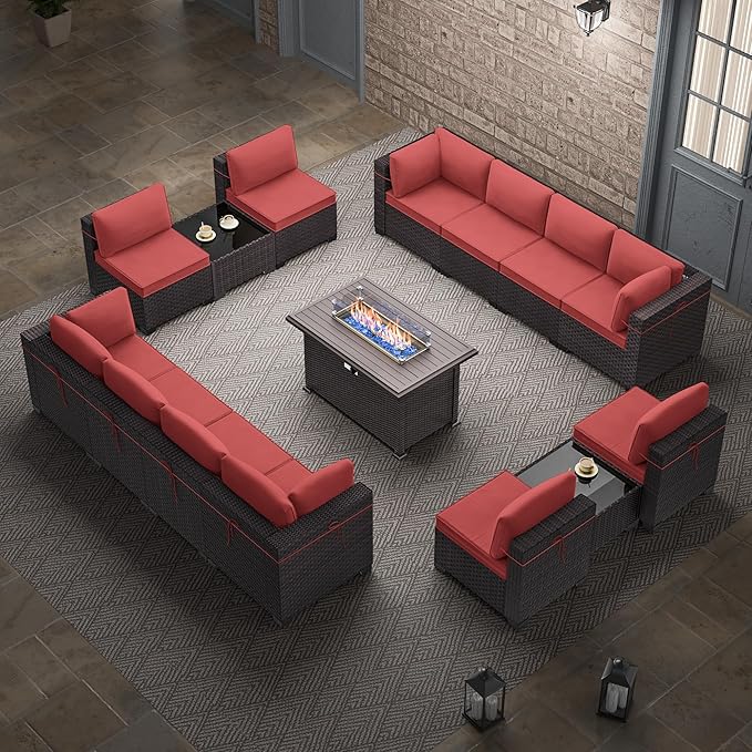 15 Pieces Outdoor Patio Furniture Set,Outdoor Sectional Furniture with 43" 55000 BTU Gas Propane Fire Pit Table,All Weather PE Rattan Wicker Patio Conversation Set,Red