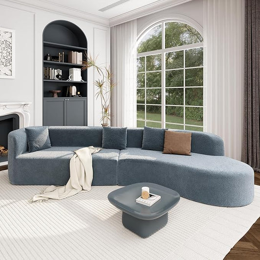 Merax Modern Minimalist Large 2-Piece Sectional Curved Chenille Sofa with 3 Pillows and High-Density Foam for Luxurious Comfort and Seamless, for Living Room, Bedroom, Blue