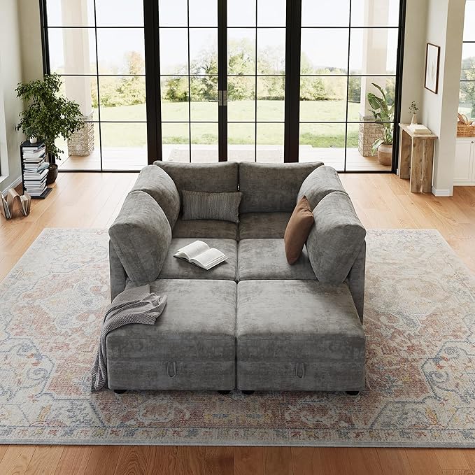 Sectional Couches for Living Room, Cloud Couch Sectional with Large Storage, l-Shape Modular Sectional Sofa with Ottoman (Gray 6-Seater)