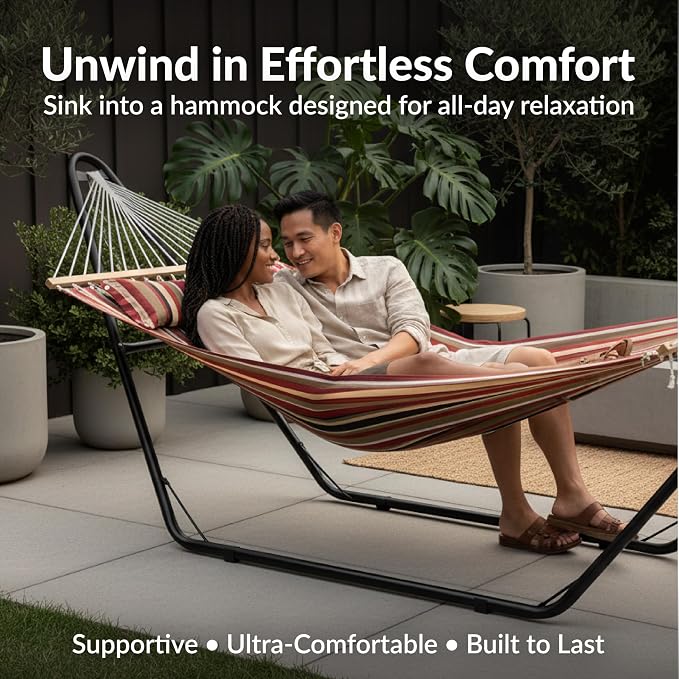 Sunnydaze Double Quilted Fabric Hammock with Universal Steel Stand - 440-Pound Capacity - Black Stand - Awning Stripe - Image 2