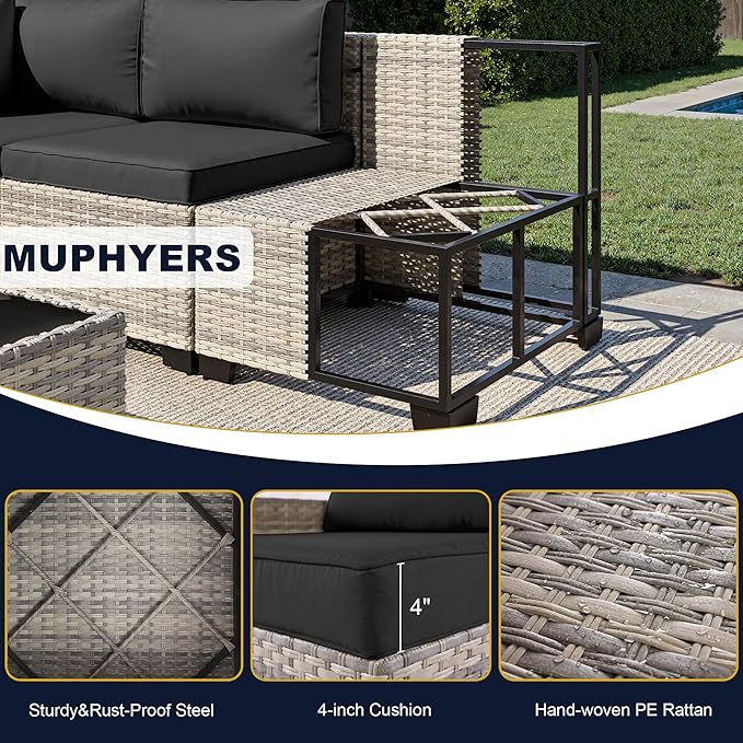16-Piece Outdoor Patio Furniture Set with Rocking Swivel Chair, Wicker Rattan Sectional Sofa Conversation Set with 55,000 BTU Fire Pit Table with Ottomans, Backyard Furniture, Dark Grey