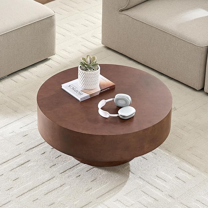 Round Coffee Table for Living Room,31.49" Faux Burl Wood Pattern Center Table with Sturdy Pedestal, Rustic Round Wood Coffee Table for Small Space Apartment Office,Easy Assembly (Walnut)