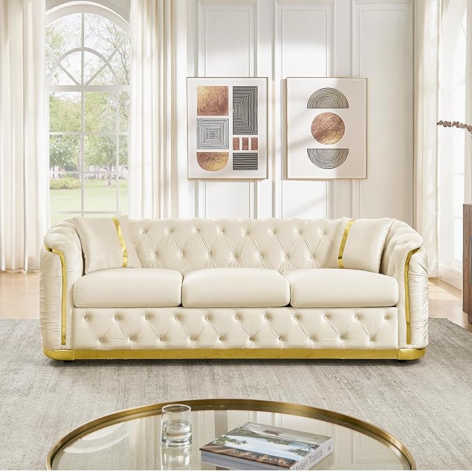 KEIKI 85" Luxury Oversized Velvet Chesterfield Sofa with 2 Pillow & Gold Stainless Decoration, Italian Modern Style 3-Seater Button Tufted Couch with Rolled Arms, Easy Assembly, for Living Room, Beige
