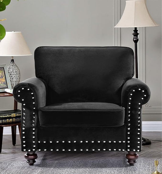 Lotus Mid Century Modern Velvet Upholstered Living Room Rolled Arms, Chair, Midnight