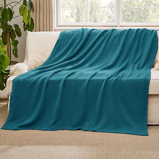Bedsure GentleSoft 100% Cotton Blanket Twin XL Size for Bed - Breathable and Lightweight, Soft Cozy Textured Herringbone Woven Summer Blanket for College Dorm, Teal, 66x90 inches