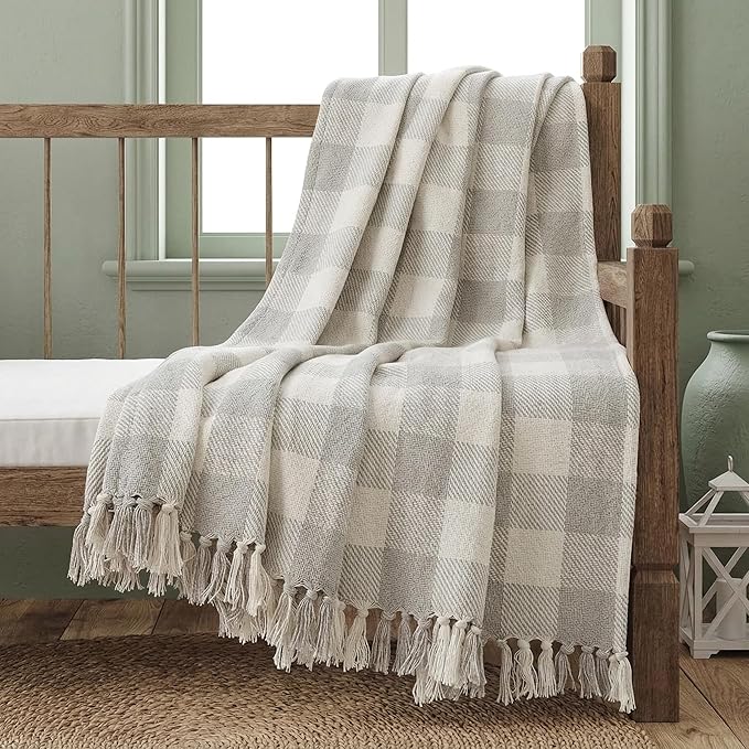 Americanflat 50x60 Throw Blanket - Soft and Breathable Cotton Throw Blanket for Couch, Bed, Chair - Decorative Blankets Perfect for Home, Office, or Outdoor Use - Cream and Beige Plaid Design
