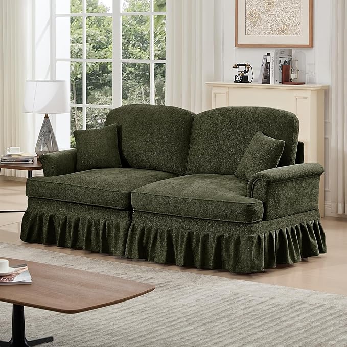 KEIKI Mid Century Modular Sofa with Flared Arms and Skirted Design, 76" Loveseat Chenille Sectional Couches for Living Room, Comfy Apartment Size Couch, Home Sofa Bedroom Furniture, Green