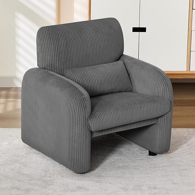 Modern Accent Chair, Comfy Upholstered Corduroy Armchair, Stylish Lounge Reading Chair for Living Room, Bedroom, Grey