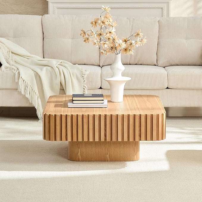 31.5" Square Coffee Table 2 Piece, Wooden Center Tea Table Accent End Table Set of 2 for Living Room Apartment, with Sturdy Curved Base & Solid Wood Fluted Side, Oak