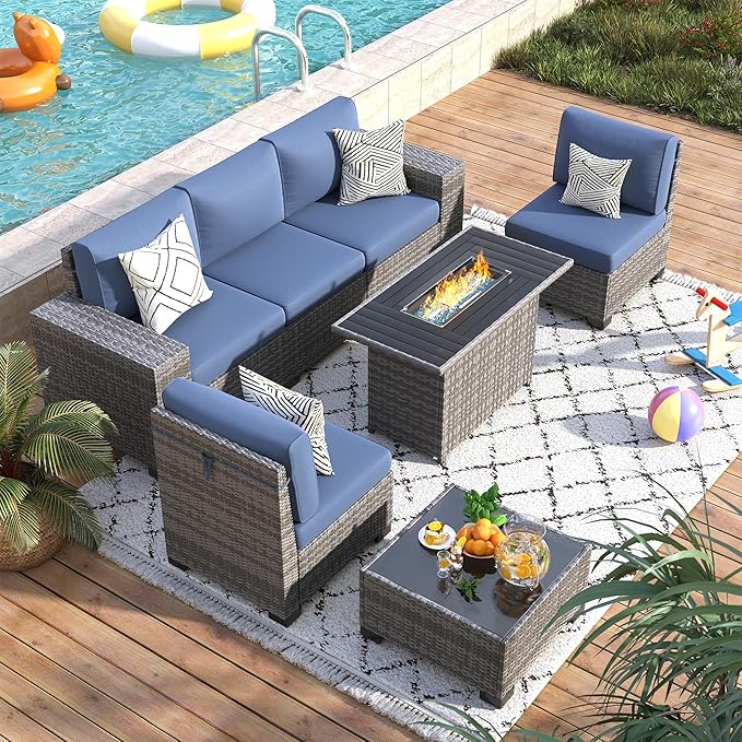 7 Piece Patio Furniture Set with Fire Pit Table, Outdoor Conversation Sets Wicker Rattan Sectional Sofa with Coffee Table for Patio Garden Backyard, 4'' Thickened Cushion Navy Blue