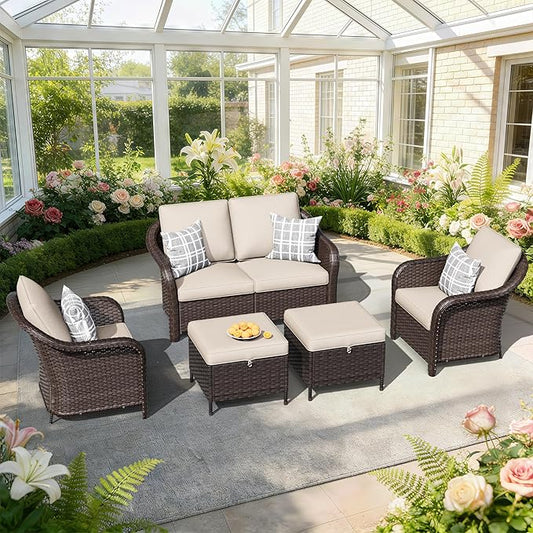 5 PCS Outdoor Conversation Set | 55" Couch, 2 Chairs, 2 Ottomans, Patio Wicker Conversation Furniture with Removable Cushions for Bistro, Deck, Sunroom (Beige)
