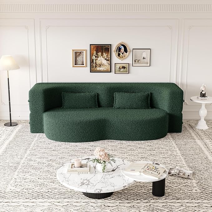 Ball & Cast 78" Floor Sofa Bed with 2 Pillows,Convertible Teddy Fabric Foam-Filled Sleeper Sofa Bed,Pull Out Couch Full Size Folding Mattress for Living Room,Playroom,No Assembly Required,Green