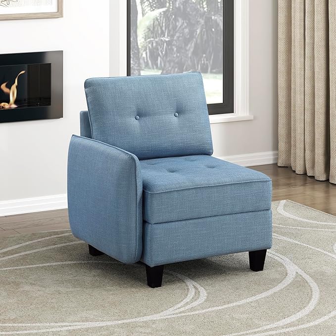 Lexicon Modern Modular One Arm Side Chair with Hidden Storage, Textured Fabric Chair with Button-Tufted Design, Reversible Back Cushion for Living Room/Bedroom/Office, Blue