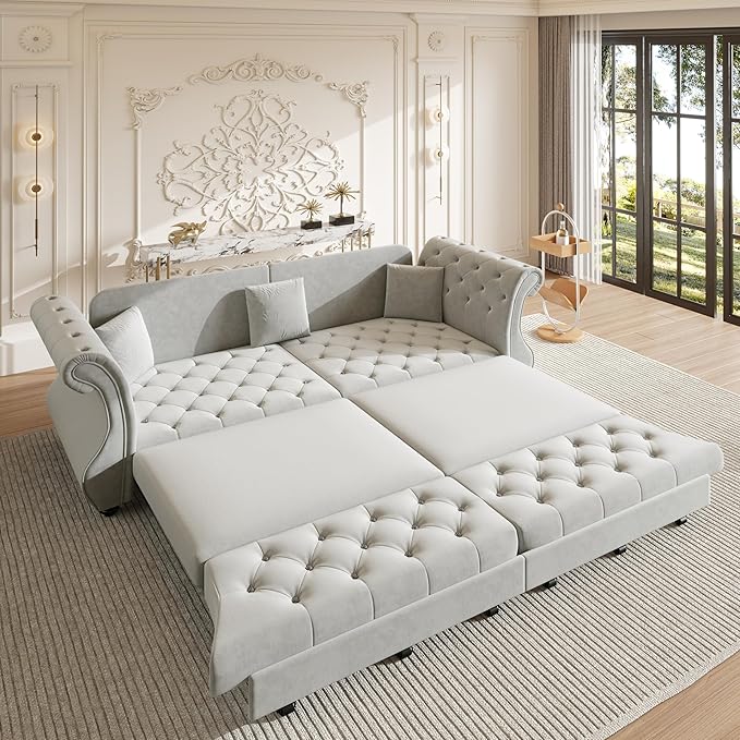 Eafurn Oversized 4-Seater Chesterfield Loveseat Convertible King Size Sleeper Couch Bed,Classic Tufted Velvet Pull Out Loveseat Sofa Bed with Roll Armrest and Solid Wood Legs
