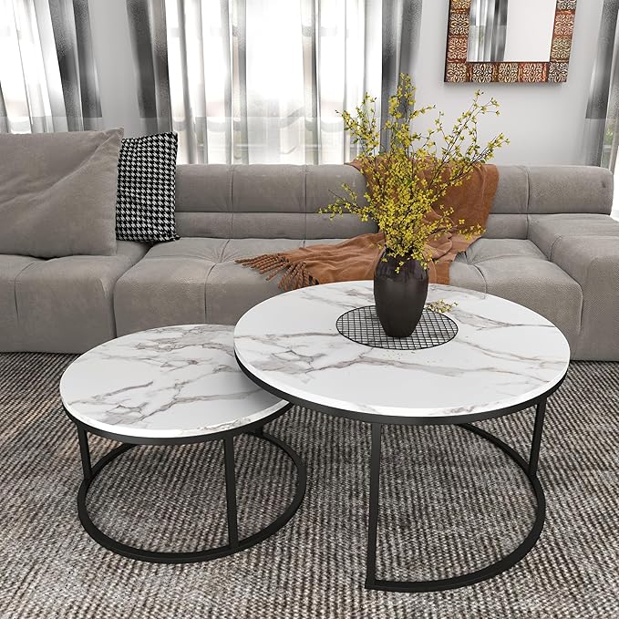 Nesting Coffee Table Set of 2, 31.5" Round Coffee Table Wooden Marble Pattern Accent Furniture, Industrial End Table for Living Room Bedroom Balcony (White/Black)