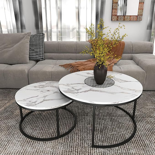Nesting Coffee Table Set of 2, 31.5" Round Coffee Table Wooden Marble Pattern Accent Furniture, Industrial End Table for Living Room Bedroom Balcony (White/Black)