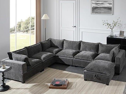 Merax Modern Oversized U-Shaped Sectional Sofa with Piollows & Chaise Lounge, Chenille 7-Seat Couch Set Sleeper Bed with Storage Ottoman for Living Room Gray