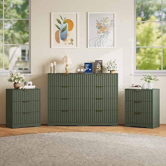 8 Drawer Dresser and Nightstand Sets for Bedroom, Modern Fluted 3 Pcs Bedroom Dresser Furniture Sets, Wood Chest of Drawers and Nightstand Set of 2 with Metal Handles, Green