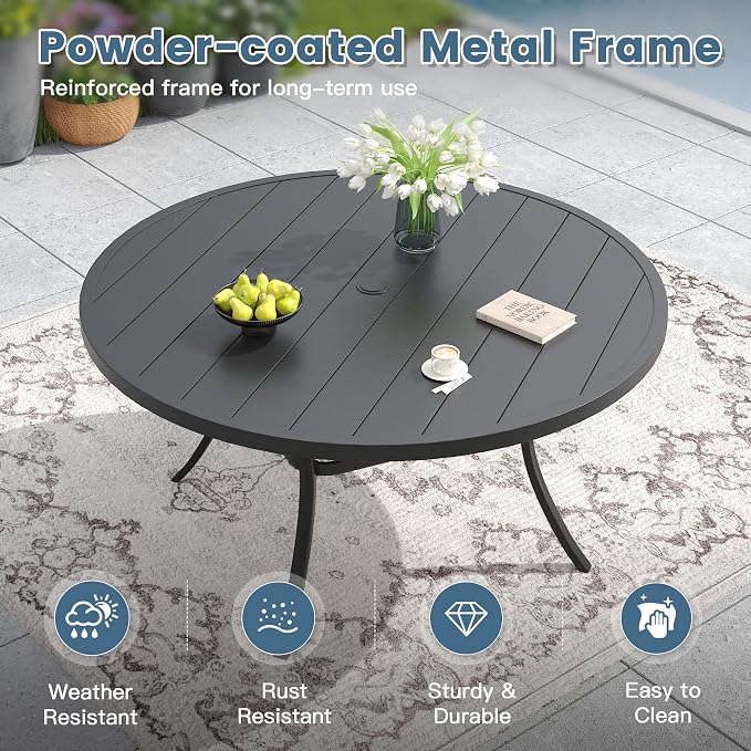 DIFY Patio Dining Set for 6, 7 Piece Outdoor Table and Chairs Set, 50" Black Round Metal Patio Dining Table and 6 Grey Textilene Stackable Patio Chairs, for Backyard Garden Poolside - Image 4