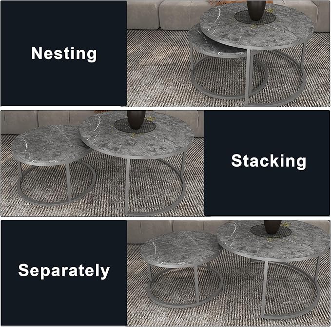 Nesting Coffee Table Set of 2, 31.5" Round Coffee Table Wooden Marble Pattern Accent Furniture, Industrial End Table for Living Room Bedroom Balcony (Gray/Gray)
