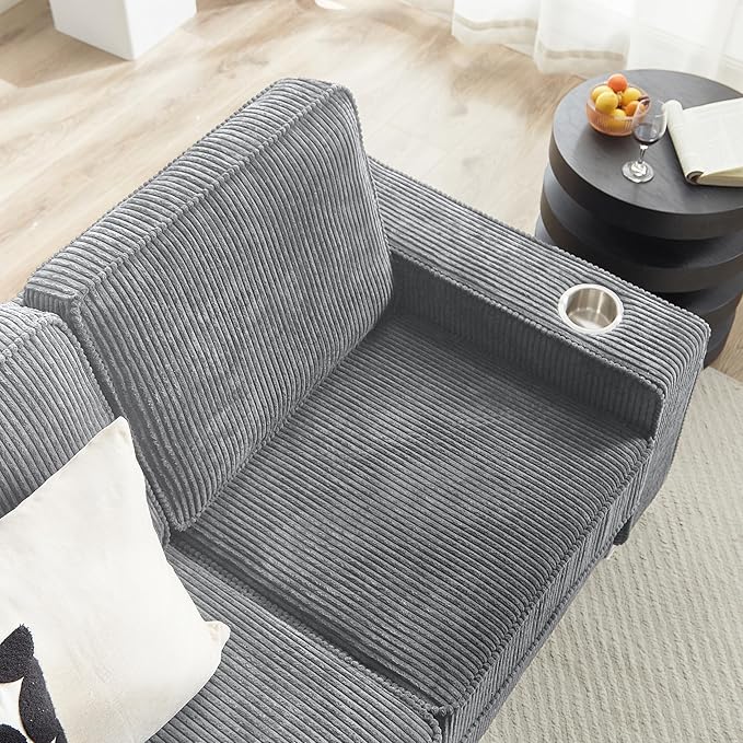 83" Modern Cloud Sofas for Living Room Bedroom, 3 Seat Modular Couch Soft Corduroy Upholstered Loveseat Couches with Cupholders for Home Apartment Office Studio