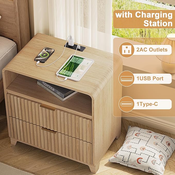 3 Piece Bedroom Furniture Set 8 Drawer Fluted Dresser & 2 Nightstand Sets with Metal Handle, Charging Station & Storage Cabinet, Modern Design for Bedroom/Living Room, Natural