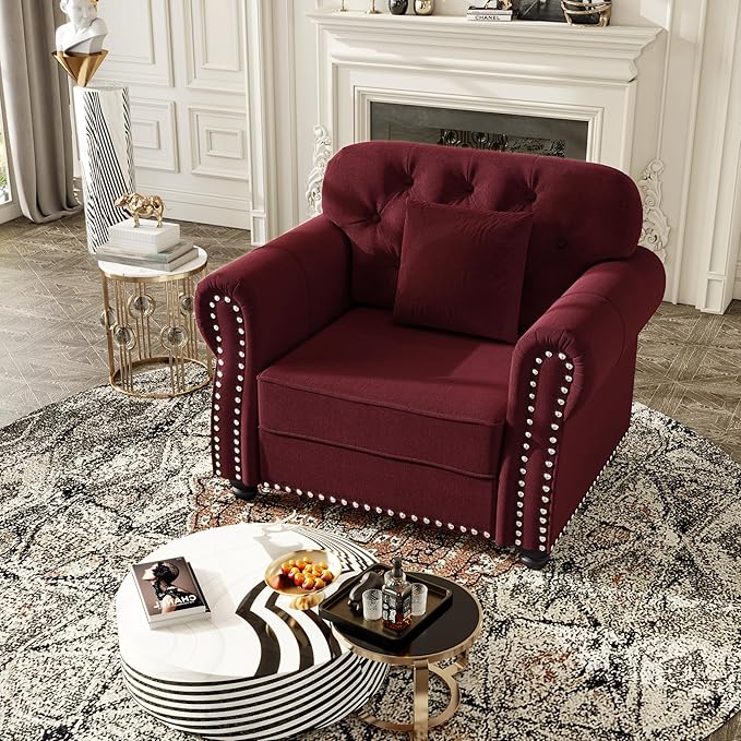 KEIKI 41" Velvet Chesterfield Sofa with Rolled Arms & Nailhead Trim & 1 Ottoman, Modern 1-Seater Button Tufted Couch with High Resilience Cushion & 1 Pillow, Easy Assembly, for Living Room, Burgundy