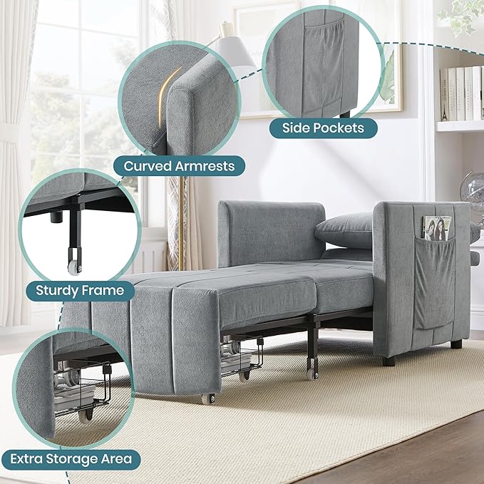 Ball & Cast 31.5" Convertible Pull-Out Sleeper Sofa Bed,Chenille Upholstered Pull Out Couch Chair,3 in 1 Single Sofa Chair W/Storage Basket and Side Pocket,Recliner Chaise Lounge for Living Room,Grey