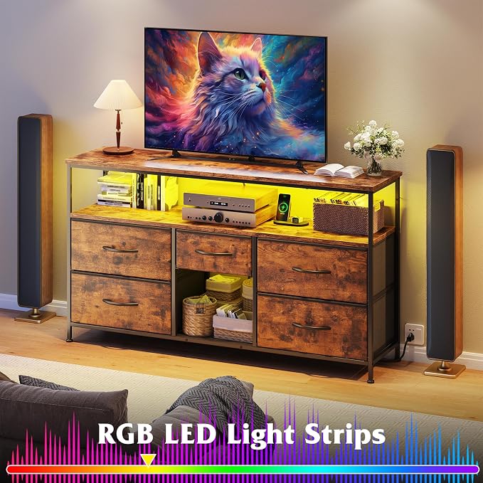 EnHomee TV Stand for Bedroom with LED Lights & Power Outlets, 5 Drawers Dresser Entertainment Center for 45/50" TV, Fabric Dressers with Storage Wood Shelves for Living Room,Dorm,Rustic Brown - Image 5