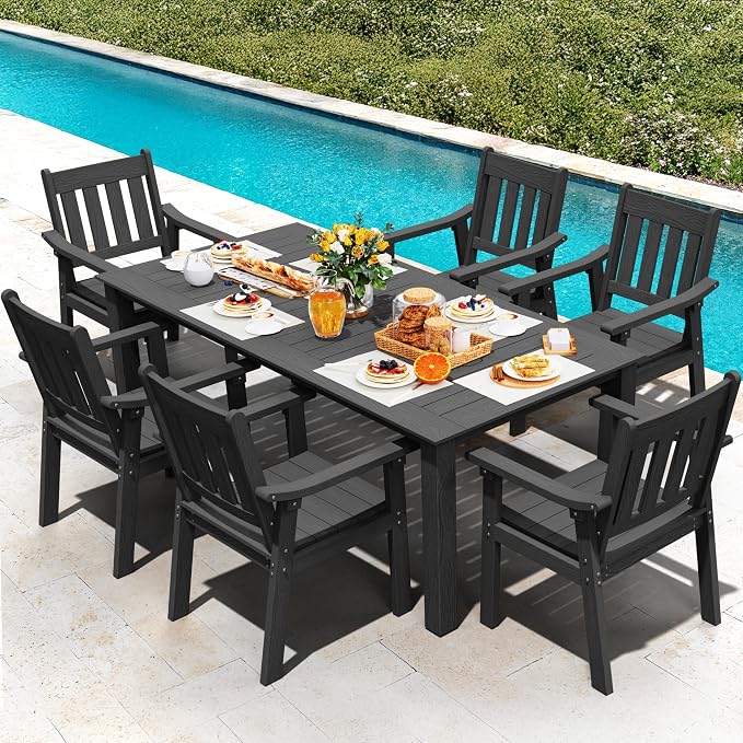 YEFU HIPS Patio Table Set: 7 Piece Outdoor Table and Chairs Patio Furniture Set with Umbrella Hole - Black Modern Plastic Dining Sets 6 Person for Outside Deck with Metal Aluminum Frame by YEFU