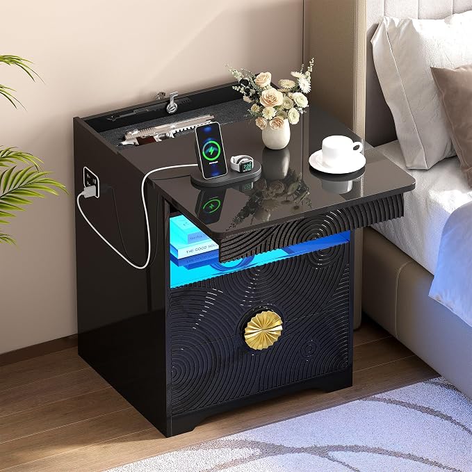 LED Nightstand with Gun Drawer, Modern Bedside Table with 3-Color Lights & Human Sensor, Smart Night Stand with Charger Station, 2 Drawers End Table for Bedroom, Black by FREDEES