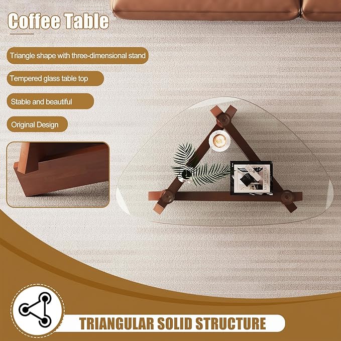 Triangle Glass Coffee Table Brown Rustic Glass Top Coffee Table Retro Modern Living Room Center Table with Solid Wood Legs, 35.5'' x 27.5'' x 15.7'' Cute & Vintage Tea Table for Small Spaces