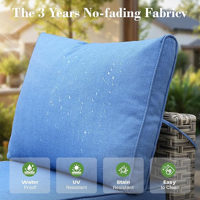 5 Piece Outdoor Patio Furniture with Glowing Coffee Table, Rattan Wicker Conversation Set with Sofa, Sectional Single Chairs for Outside Porch Balcony Backyard Pool,Light Blue