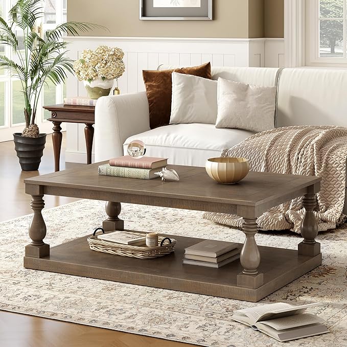 P PURLOVE Solid Wood Coffee Table, Modern Farmhouse Coffee Table/Center Table with Storage Rectangle for Living Room,Brown