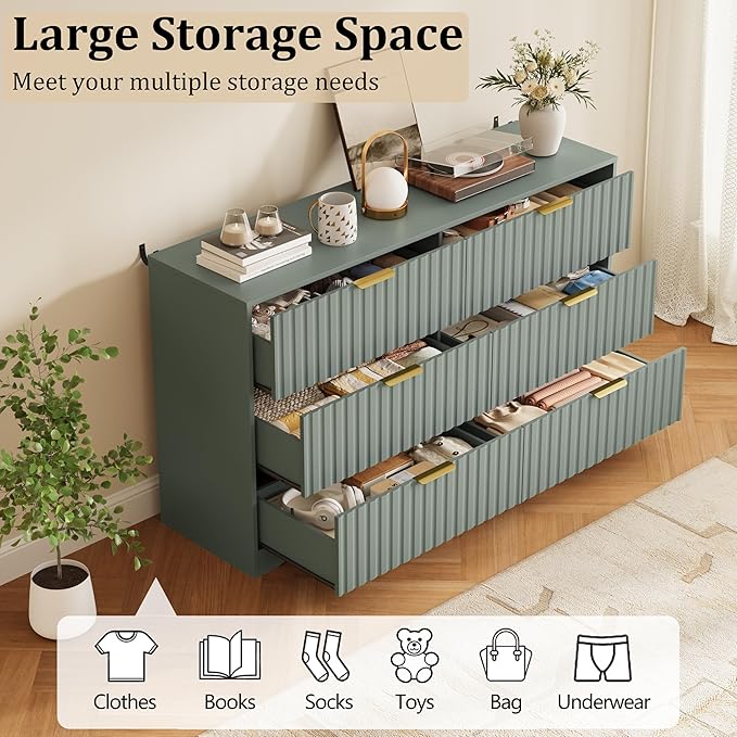 6 Drawer Dresser and Nightstand Sets for Bedroom, Modern Fluted 3 Pcs Bedroom Dresser Furniture Sets, Wood Chest of Drawers and Nightstand Set of 2 with Metal Handles, Green